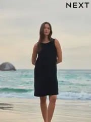 Black Scoop Back Mini Shift Dress With Linen (AG5108) | $45