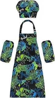 AIXIWAWA Kids Apron Chef Hat Set, Child Kitchen Bib Aprons Adjustable for Cooking Baking Painting (Sport Skateboards)