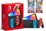 NEW Nintendo Switch OLED 64GB Neon Red Blue + Pokemon Booster Pack Bundle