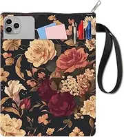craspire 11 x 8.6 Inch Book Cover Black Vintage Flower Protection Book Covers Pocket Books Washable Fabric Bag Handle with Zip Additional Front Pocket for Book Lovers Readers