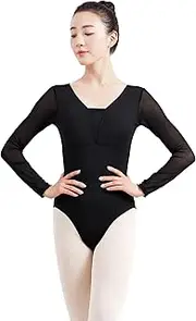 [Daydance] Mesh Long Sleeve Leotards for Women Ballet, Low Back Dance Wear for Ballerina, A Size up