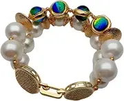 LAnGSHAW 2 Strands White Round Sea Shell Pearl Blue Murano Glass Charm Bracelet 8"