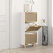 Shoe Cabinet White Wood with Natural Rattan - Rack, Closet, Organizer, Shelves, Small Storage for Entryway Organization (52x25x115 cm)
