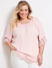 Autograph Top Plus Size 26 Tunic On/Off Shoulder Pink Lace 3/4 Sleeve R$90 NEW