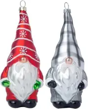 Set of 2 Glass Hanging Gnome Christmas Ornaments, Hand Blown Glass Xmas Gnome...