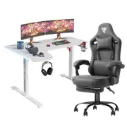 Advwin L Shape 140cm Gaming Desk RGB LED Light White & Gaming Chair Racing Seat w/Footrest Office Chair Dark Grey