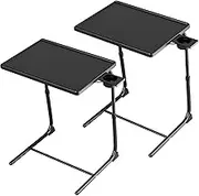 TV Tray Table, Allpop TV Dinner Tray for Eating 2 Pack, Adjustable Folding Laptop Table with 6 Heights & 3 Tilt Angles, Cup Holder on Couch & Bed, Black