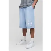 Mens Light Blue Tall Oversized Drop Crotch Puff Print Spray Wash Jersey Shorts