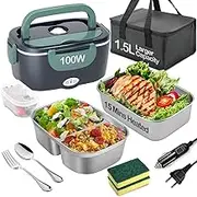 BYbrutek Electric Lunch Box 100 W, 3-in-1 Portable Heated Lunch Box, 1.5 L Stainless Steel Removable Lunch Box, 12 V/24 V/220 V Insulated Heat Box Car/Truck/Office (Blue & Green, 1.5 L)