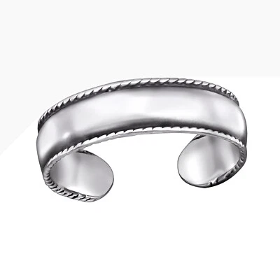 TJS 925 Sterling Silver Toe Ring Plain Band Textured Rope Edge Adjustable