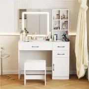 Advwin Dressing Table with Charging Station, White Vanity Desk with HD Lighted Mirror Storage Drawers Cabinet Make up Table