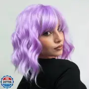 LINGHANG Purple Wig with Bangs Short Light Purple Wigs for Women, Lavender Pu