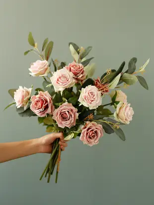 浪漫玫瑰客廳裝飾仿真絹花花卉組合搭配花瓶美式復古風情 (0.5折)