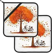 2 Pack Pot Holders for Kitchen Heat Resistant Potholders Autumn Tree with Aged Old Bike Pot Holders Set Washable Hot Pads with Loop Non Slip Potholders for Cooking Baking BBQ Microwave 8 x 8 Inch