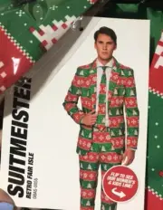 3 PC Set SUITMEISTER Ugly Christmas Suit Blazer Pants Tie Retro Fair Isle L y1