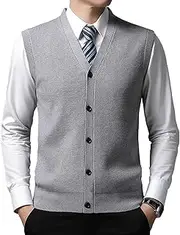 [Gsywaipei] Men's Sleeveless Sweater Vest V-Neck Knitted Cardigan Men Tank Casual Cable Knit Button Down Cardigan Vests, Light Gray, XXL