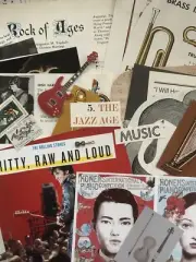 MUSIC theme vintage book pages & cutouts, stamps, mixed media junk journal lot