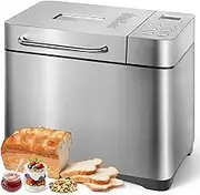 Bread Maker Machines, 19-in-1 Stainless Steel Bread Maker with Automatic Dispenser, 2.2LB Large Bread Machine, Nonstick Teflon Pan, LCD Touch Panel, Gluten Free, Dough Maker, Jam, Yogurt (AU Adapter)