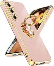 [LeYi] for Samsung Galaxy A55-5G Case: Samsung A55 Case with Slim Fit Soft 360° Ring Holder Kickstand Support Car Mount Shockproof Plated Gold Edge for Galaxy A55 5G Case, Pink