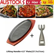 12" Cast Iron Steak Plate Sizzling Serving Platter Pan Sizzler Plate & Wood Base