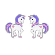 925 Sterling Silver Large Pink Heart Purple Tail Mane Unicorn Stud Earrings