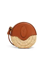 Saint Laurent Monogram Round Coin Purse in Raffia Crochet and Smooth Leather