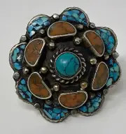 Huge Show Stopper Heavy Alpaca Silver Inlaid Turquoise Coral Flower Ring sz 7.5