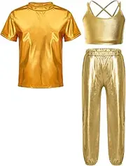 [FEESHOW] Girls Metallic Dance Costume Shiny T-Shirt Sleeveless Crop Top Dance Pants Set Dancewear Outfit Sports Suit
