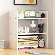 Hbluefat 3-Tier Desktop Bookshelf,Small Wooden Freestanding Countertop Bookcase Desk Organizer Literature CD Photo Display Storage Rack for Home Office (White)