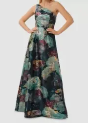 $795 Aidan Mattox Women's Green Floral One-Shoulder Gown Dress Size US12