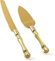 AIMALL Elegant Gold Cake Knife and Server Set, Serrated Edge with Gold Handle, 12.20 and 9.64 Inch