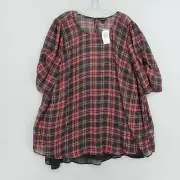 NWT Torrid Plus 3X Chiffon Lurex Ruched Sleeve Blouse Pink Black Plaid Sheer