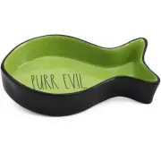 RAE DUNN “PURR EVIL” Green Fish Shaped Cat Dish Food/Water Dish NEW