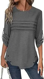 [TICTICMISS] Women's 3/4 Length Rolled Sleeve Tunic Tops Pleated Crew Neck T Shirts Both Side Buttons Blouses