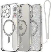 [Meifigno] Candy Mag Series Case Designed for iPhone 15 Pro Max, [Compatible with MagSafe][Glitter Card & Wrist Strap] Full Camera Lens Protection Designed for iPhone 15 ProMax Case Wome,Titanium Silver