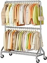 AOODA 50'' W Heavy Duty Clothes Rack for Hanging Clothes, Double Rods Industrial Clothing Rack with Wheels, Sturdy Rolling Garment Rack for Shirts, Coats, Jackets (Silver)