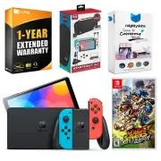 Nintendo Switch Neon Red/Blue OLED + Mario Strikers Battle League, Accessory Kit