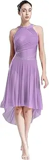 [Fldy] Womens Lyrical Dance Dress Sleeveless Asymmetrical Hem Sparkly Dress Ballroom Performance Costume