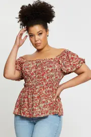 Ditsy Print Plus Short Sleeve Floral Elasticated Waist Top