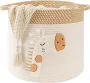 Large Blanket Baskets for Living Room Decor, Toy Storage Baskets Woven Cotton Rope Storage Basket for Kids, Dog Toys Organizer Clothes Hamper with Embroidery Decor for NurseryLaundry (Large, Giraffe)