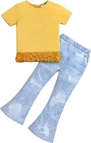 [HSOXLQF] Kid Toddler Girl Summer Clothes Leopard & Heart Print Short Sleeve T-Shirt + Flared Leg Pants Outfits (Not Jeans)
