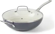 Martha Stewart Lockton 12" Essential Multipurpose Heavy Gauge Aluminum Frypan/Wok Pan w/PFA Free Premium Ceramic Nonstick Interior- Grey