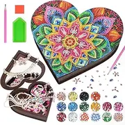 AUAUY Diamond Art DIY Jewelry Box, Diamond Painting Craft Ornaments Storage Container, Crystal Diamond DIY Jewelry Case Storage Organizer Wooden Rings Necklace Box for Girls Art Craft Gift-Mandala