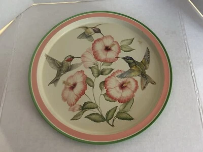 Potpourri Press Hummingbirds Green/Peach/Cream Round Metal Serving Tray 13 1/2.R