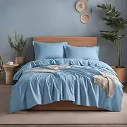 RAGA 100% Cotton Quilt Cover Set Queen Size (375 TC) - 3 Piece Extra Soft Doona Cover with Sateen Weave, Solid Sky Blue Bedding Set with Button Closure & Corner Ties