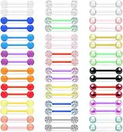 [MONAZEO] 48Pcs 14G Glow in Dark Flexible Acrylic Straight Tongue Barbell Nipple Ring Retainer Piercing Jewelry for Women Men 16mm Bar