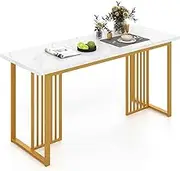 Giantex 160CM Modern Dining Table for 6-8 People, Rectangular Kitchen Table w/Faux Marble Tabletop, Metal Legs, Large Dinette Table for Dining Room, Living Room, Restaurant, Gold & White