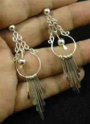 .925 Sterling Silver Paddle Hoop Hinged Dangle Ball Earrings 2 3/4" long Post