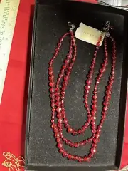 Miriam Haskell Vintage Red Glass Faceted Beads Layered New Old Stock 1136