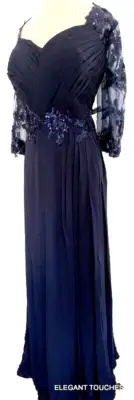 Womens Formal Beaded Dress 18W 20W Navy Blue Sequin Long Gown Ruched Wedding